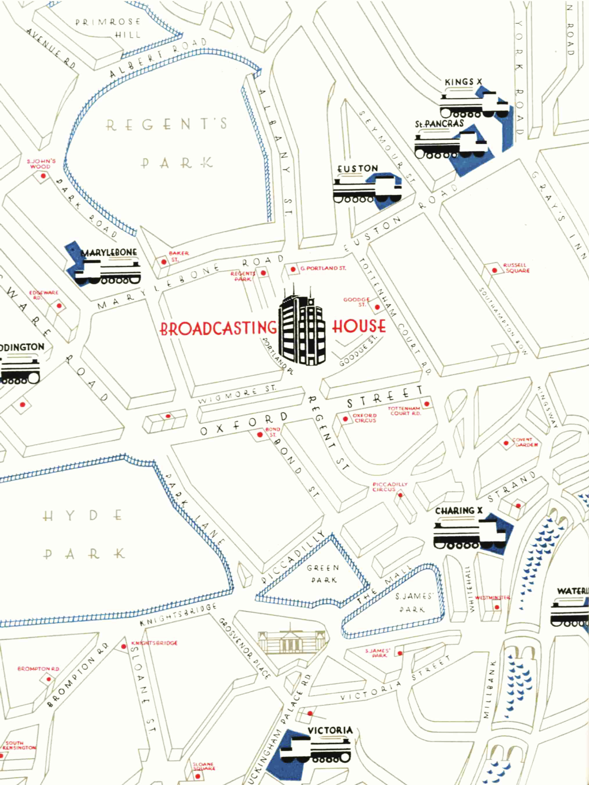 A map of the area of central London surrounding the new Broadcasting House building
